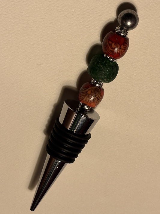 Green Glass and Wood Wine Bottle Topper