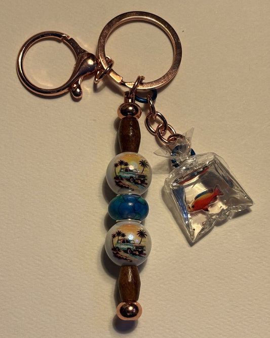 Fish, Upcycled Wooden Beads & Porcelain Palm Tree Beads Keychain