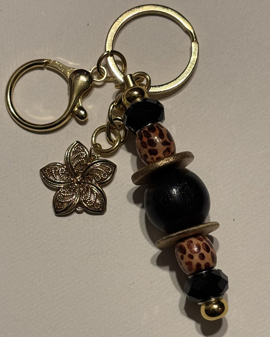 Upcycled Wooden Bead and Flower Charm Keychain