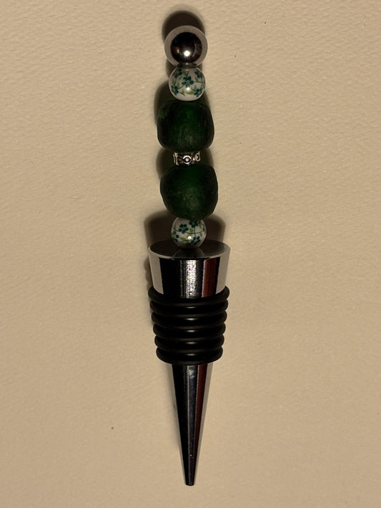 Green Glass and Floral Porcelain Beaded Wine Bottle Topper